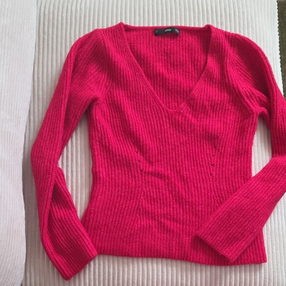 Mango Red V Neck Wool Blend Sweater